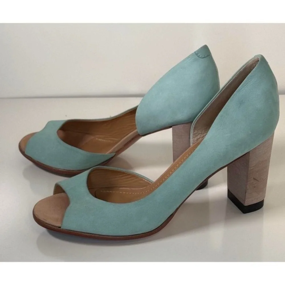 Masiero Aqua Blue Nubuck Leather Peep Toe D'Orsay Block Heels 11‎ Wedding 81-02